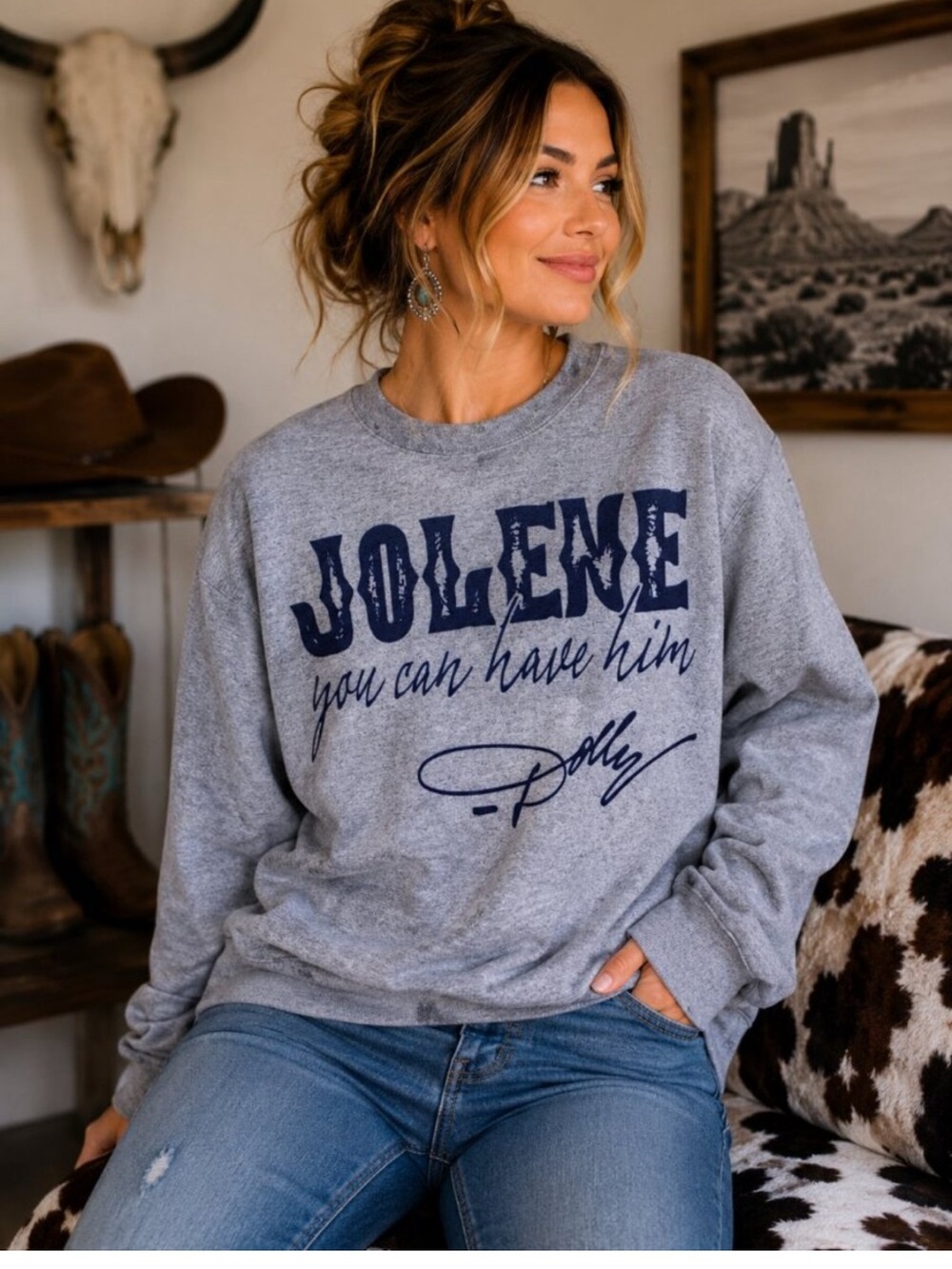 DOLLY❤️❤️🥰 Gray Crewneck Sweatshirt with Navy 'Jolene' Script